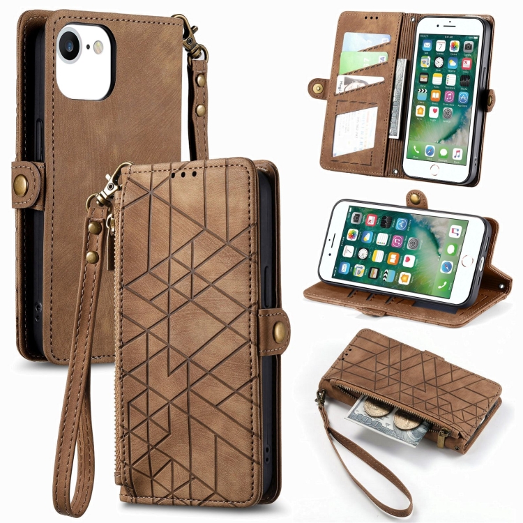 

For iPhone 6 / 6s Geometric Zipper Wallet Side Buckle Leather Phone Case(Brown)