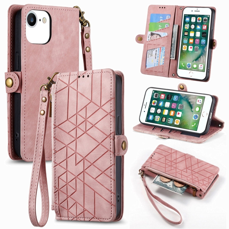 

For iPhone 6 / 6s Geometric Zipper Wallet Side Buckle Leather Phone Case(Pink)