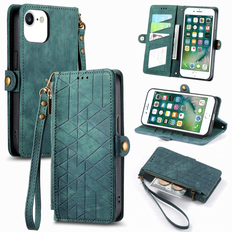 

For iPhone 6 / 6s Geometric Zipper Wallet Side Buckle Leather Phone Case(Green)