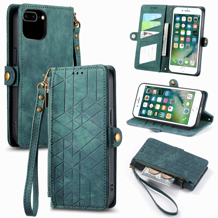 

For iPhone 6 Plus / 6s Plus Geometric Zipper Wallet Side Buckle Leather Phone Case(Green)