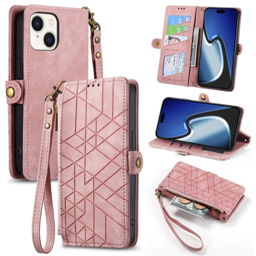 

For iPhone 15 Geometric Zipper Wallet Side Buckle Leather Phone Case(Pink)
