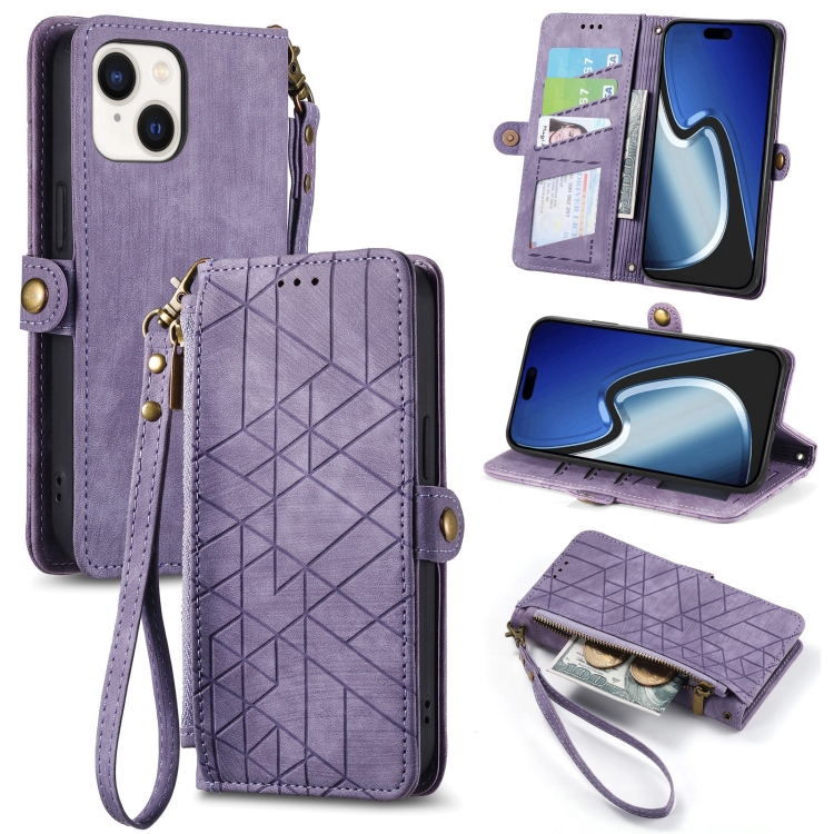

For iPhone 15 Geometric Zipper Wallet Side Buckle Leather Phone Case(Purple)