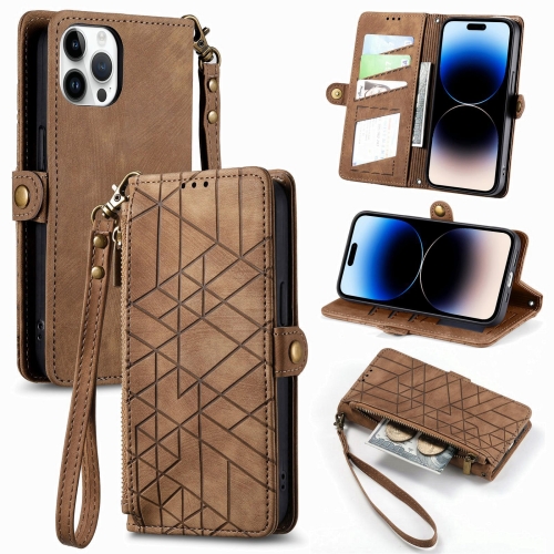 

For iPhone 15 Pro Geometric Zipper Wallet Side Buckle Leather Phone Case(Brown)