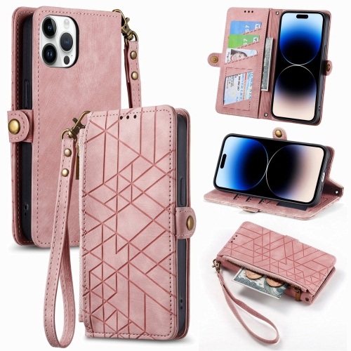 

For iPhone 15 Pro Max Geometric Zipper Wallet Side Buckle Leather Phone Case(Pink)