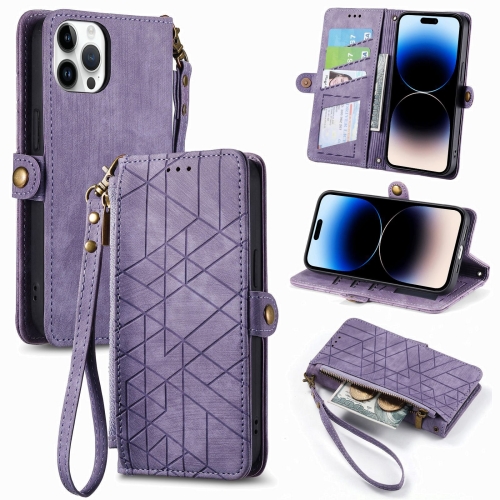 

For iPhone 15 Pro Max Geometric Zipper Wallet Side Buckle Leather Phone Case(Purple)