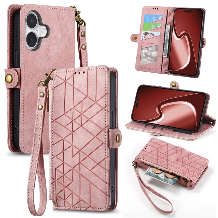 

For iPhone 16 Geometric Zipper Wallet Side Buckle Leather Phone Case(Pink)