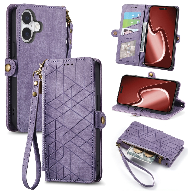 

For iPhone 16 Geometric Zipper Wallet Side Buckle Leather Phone Case(Purple)