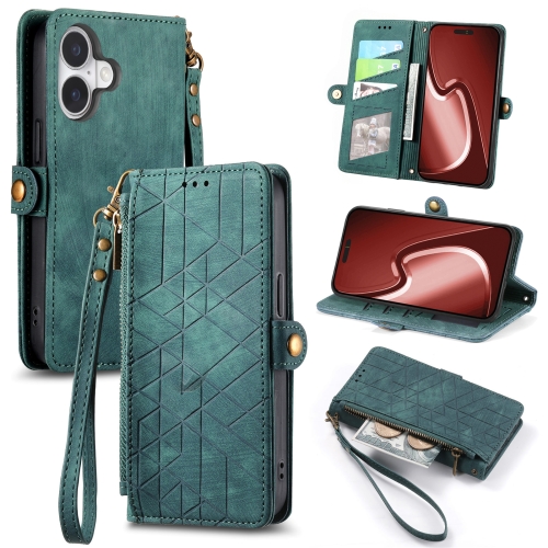 

For iPhone 16 Geometric Zipper Wallet Side Buckle Leather Phone Case(Green)