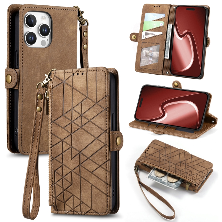 

For iPhone 16 Pro Geometric Zipper Wallet Side Buckle Leather Phone Case(Brown)