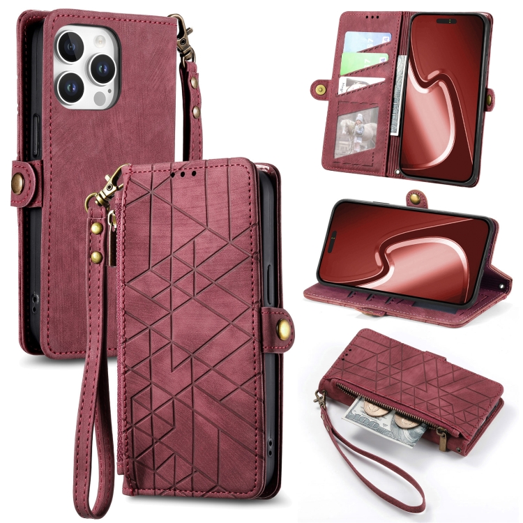 

For iPhone 16 Pro Geometric Zipper Wallet Side Buckle Leather Phone Case(Red)