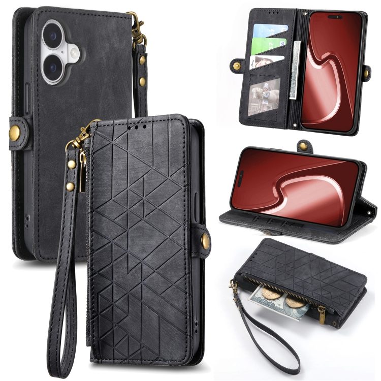 

For iPhone 16 Plus Geometric Zipper Wallet Side Buckle Leather Phone Case(Black)