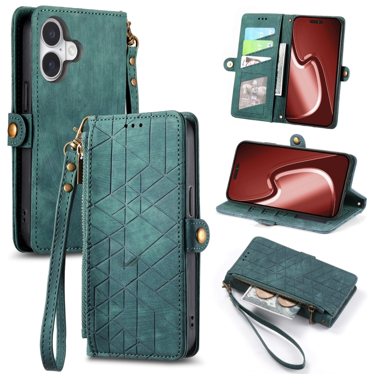 

For iPhone 16 Plus Geometric Zipper Wallet Side Buckle Leather Phone Case(Green)