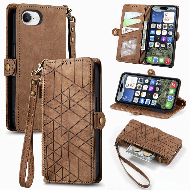 

For iPhone 16e Geometric Zipper Wallet Side Buckle Leather Phone Case(Brown)