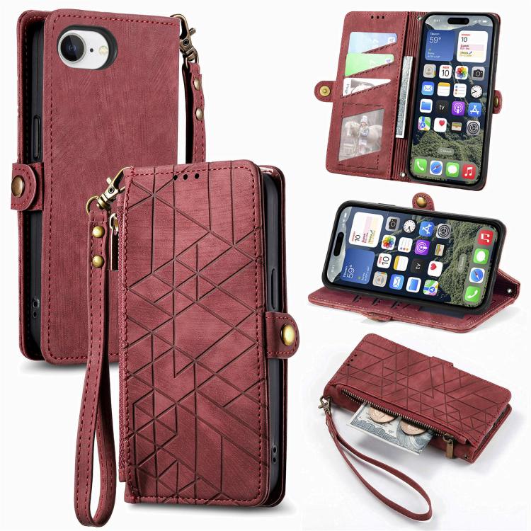 

For iPhone 16e Geometric Zipper Wallet Side Buckle Leather Phone Case(Red)