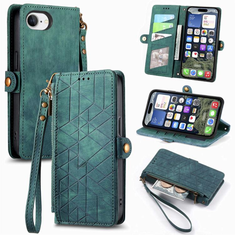 

For iPhone 16e Geometric Zipper Wallet Side Buckle Leather Phone Case(Green)