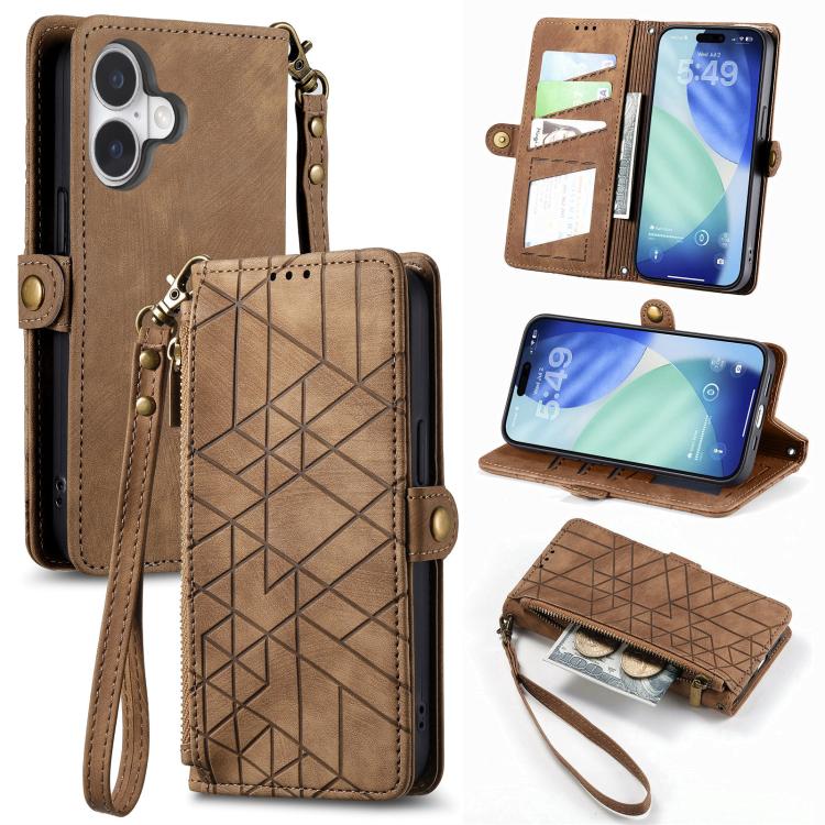 

For iPhone 17 Geometric Zipper Wallet Side Buckle Leather Phone Case(Brown)