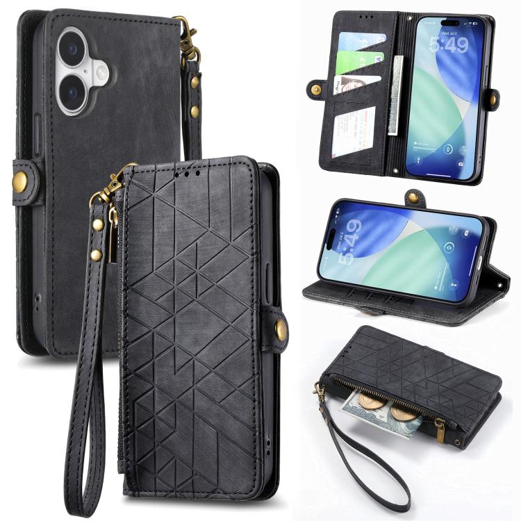 

For iPhone 17 Geometric Zipper Wallet Side Buckle Leather Phone Case(Black)