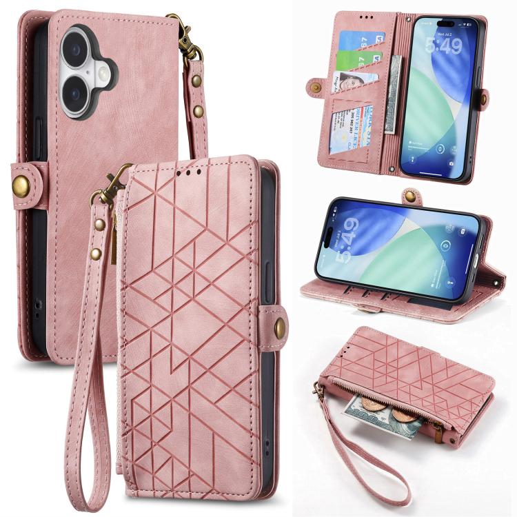 

For iPhone 17 Geometric Zipper Wallet Side Buckle Leather Phone Case(Pink)