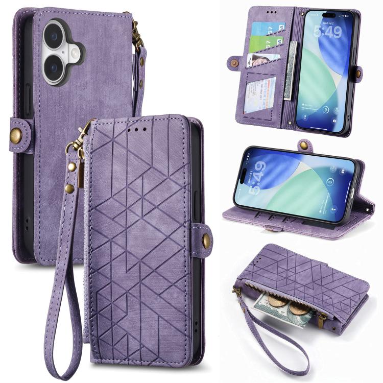 

For iPhone 17 Geometric Zipper Wallet Side Buckle Leather Phone Case(Purple)