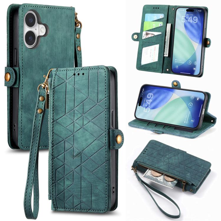 

For iPhone 17 Geometric Zipper Wallet Side Buckle Leather Phone Case(Green)