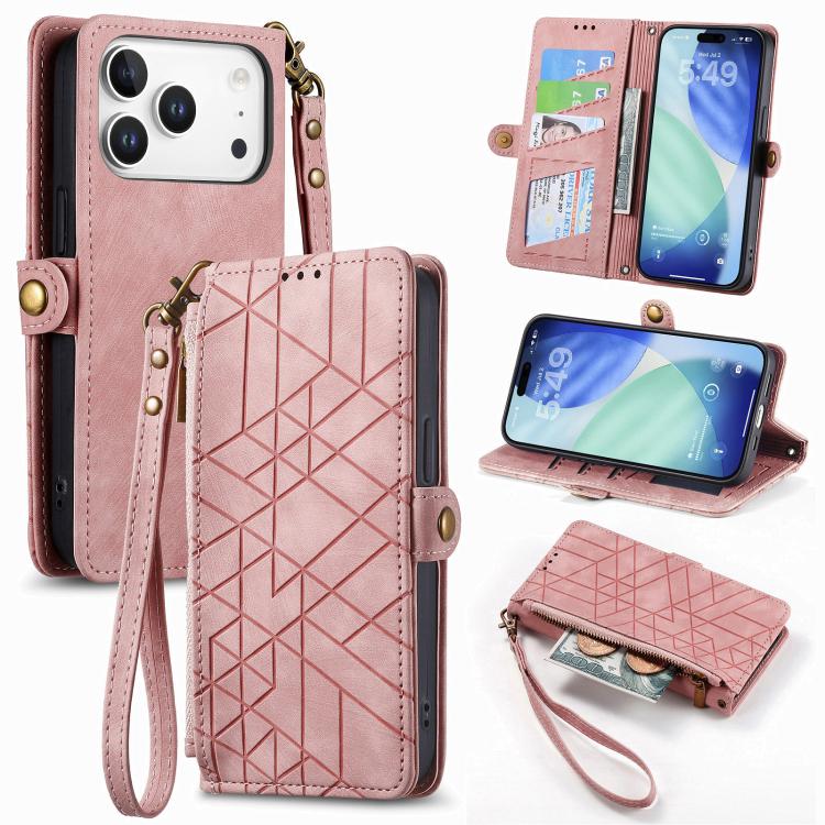 

For iPhone 17 Pro Geometric Zipper Wallet Side Buckle Leather Phone Case(Pink)