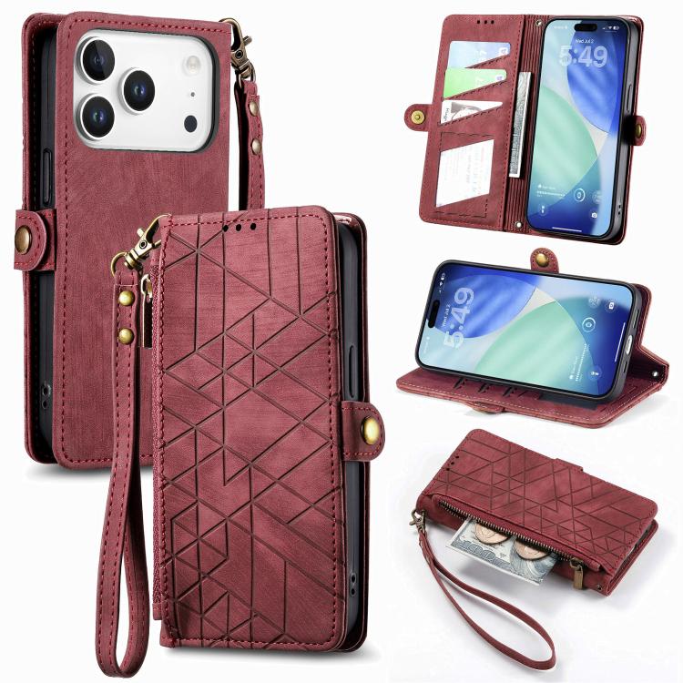 

For iPhone 17 Pro Max Geometric Zipper Wallet Side Buckle Leather Phone Case(Red)