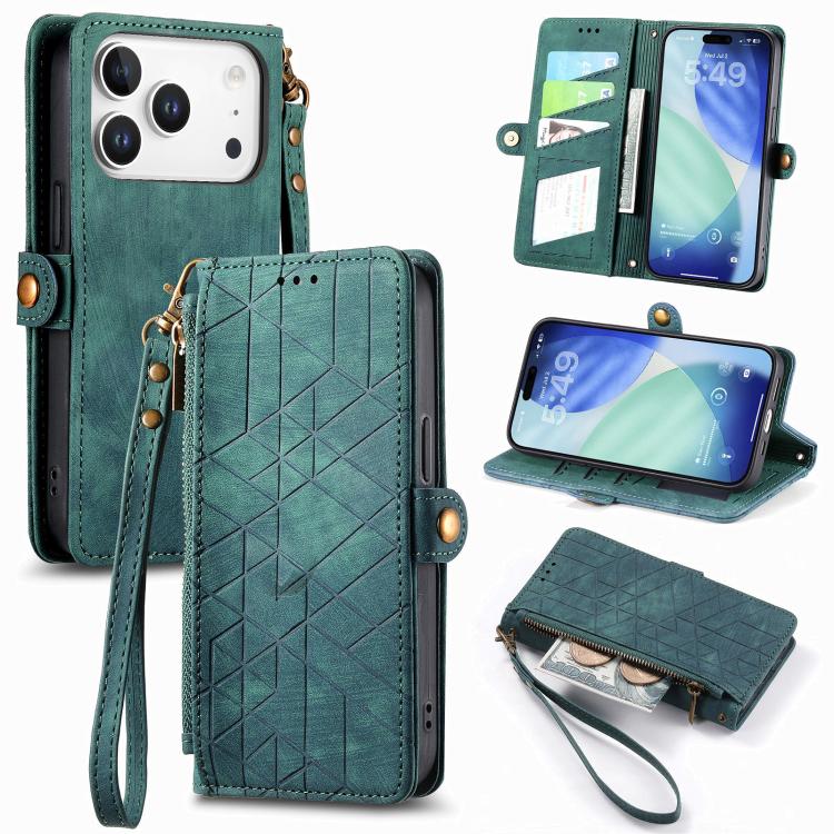 

For iPhone 17 Pro Max Geometric Zipper Wallet Side Buckle Leather Phone Case(Green)