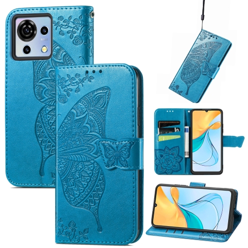 

For ZTE Blade V50 Vita Butterfly Love Flower Embossed Leather Phone Case(Blue)