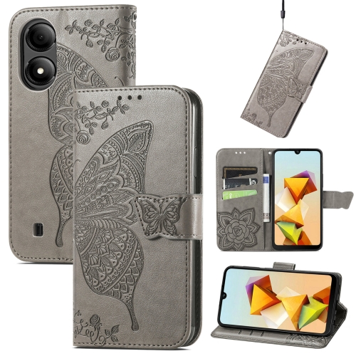 

For ZTE Blade A33S Butterfly Love Flower Embossed Leather Phone Case(Gray)