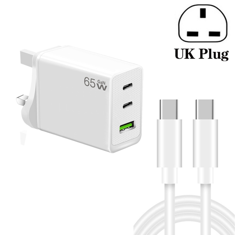 

GaN PD65W Type-C x 2 + USB3.0 Charger with Type-C to Type-C Data Cable ,UK Plug(White)