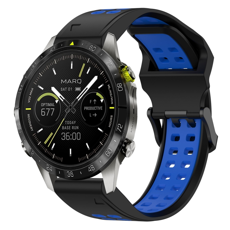 

For Garmin MARQ Athlete Gen 2 22mm Two-Color Reverse Buckle Silicone Watch Band(Black+Blue)