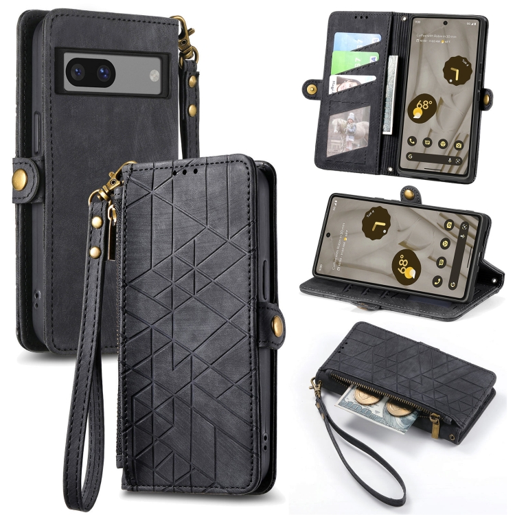 

For Google Pixel 7A Geometric Zipper Wallet Side Buckle Leather Phone Case(Black)
