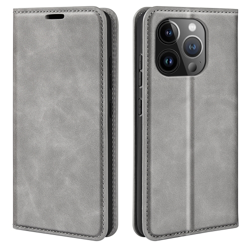 For iPhone 15 Pro Retro-skin  Magnetic Suction Leather Phone Case(Grey) for iphone 15 rhombus texture magnetic leather phone case grey