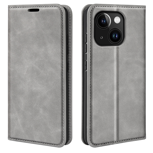 For iPhone 15 Plus Retro-skin  Magnetic Suction Leather Phone Case(Grey) hidup unique design handmake solid cowhide belts brass buckle retro styles pure cow skin leather belt jeans accessories nwj1214