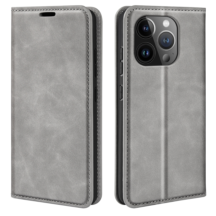 

For iPhone 15 Pro Max Retro-skin Magnetic Suction Leather Phone Case(Grey)