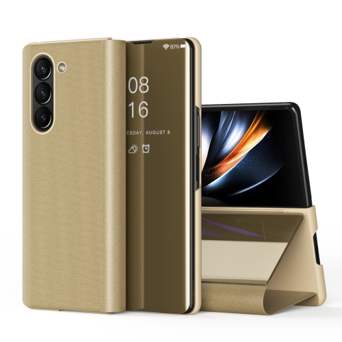 

For Galaxy Z Fold 5 5G Plated Mirror Horizontal Flip Leather Case with Holder(Gold)