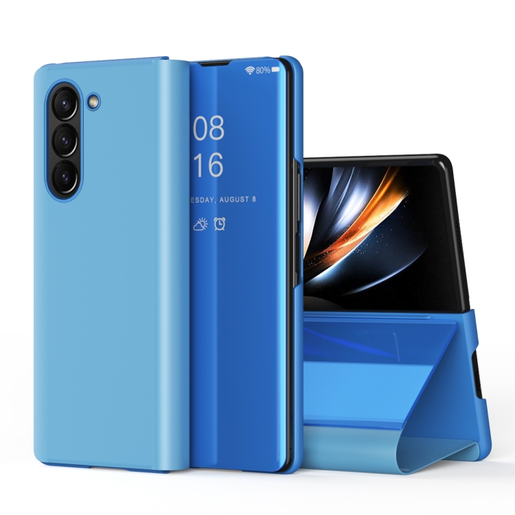 

For Samsung Galaxy Z Fold6 Plated Mirror Horizontal Flip Leather Phone Case with Holder(Blue)