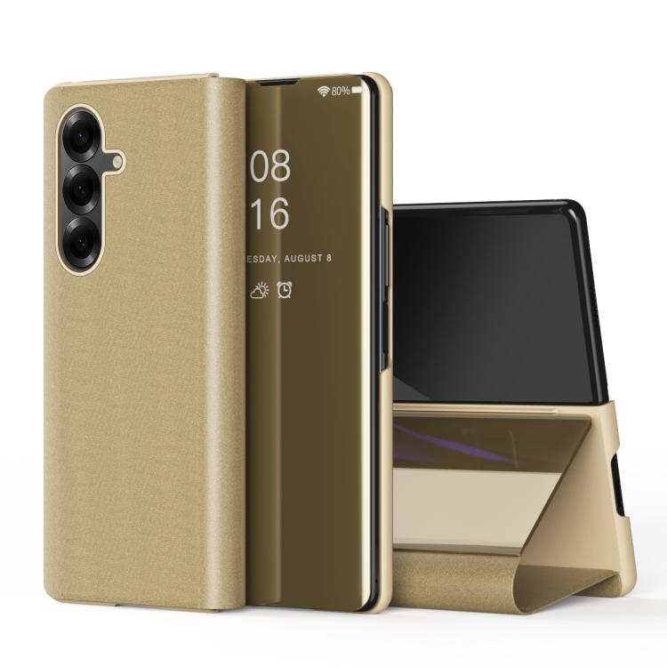 

For Samsung Galaxy Z Fold7 Plated Mirror Horizontal Flip Leather Phone Case with Holder(Gold)