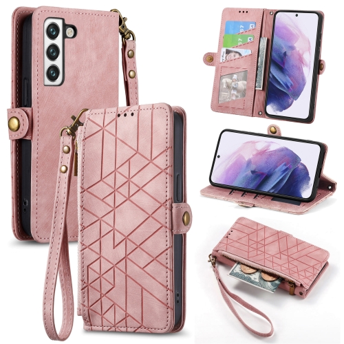 

For Samsung Galaxy S23 5G Geometric Zipper Wallet Side Buckle Leather Phone Case(Pink)