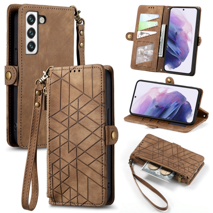 

For Samsung Galaxy S23 5G Geometric Zipper Wallet Side Buckle Leather Phone Case(Brown)