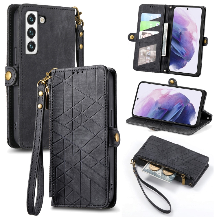 

For Samsung Galaxy S23+ 5G Geometric Zipper Wallet Side Buckle Leather Phone Case(Black)