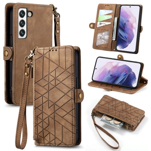 

For Samsung Galaxy S22 5G Geometric Zipper Wallet Side Buckle Leather Phone Case(Brown)