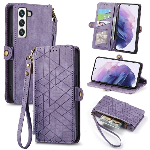 

For Samsung Galaxy S22 Ultra 5G Geometric Zipper Wallet Side Buckle Leather Phone Case(Purple)