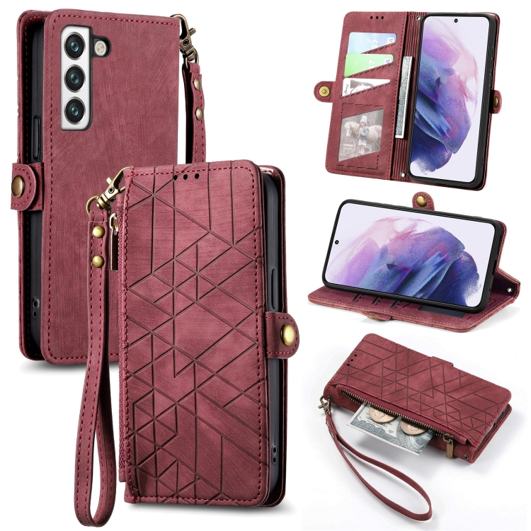 

For Samsung Galaxy S21 Ultra 5G Geometric Zipper Wallet Side Buckle Leather Phone Case(Red)