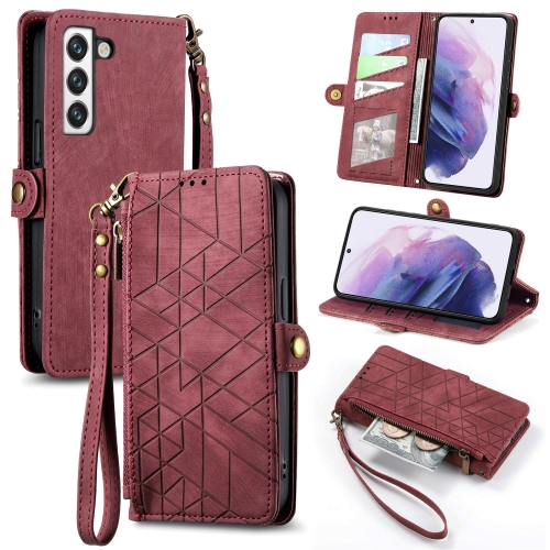 

For Samsung Galaxy S20 FE Geometric Zipper Wallet Side Buckle Leather Phone Case(Red)
