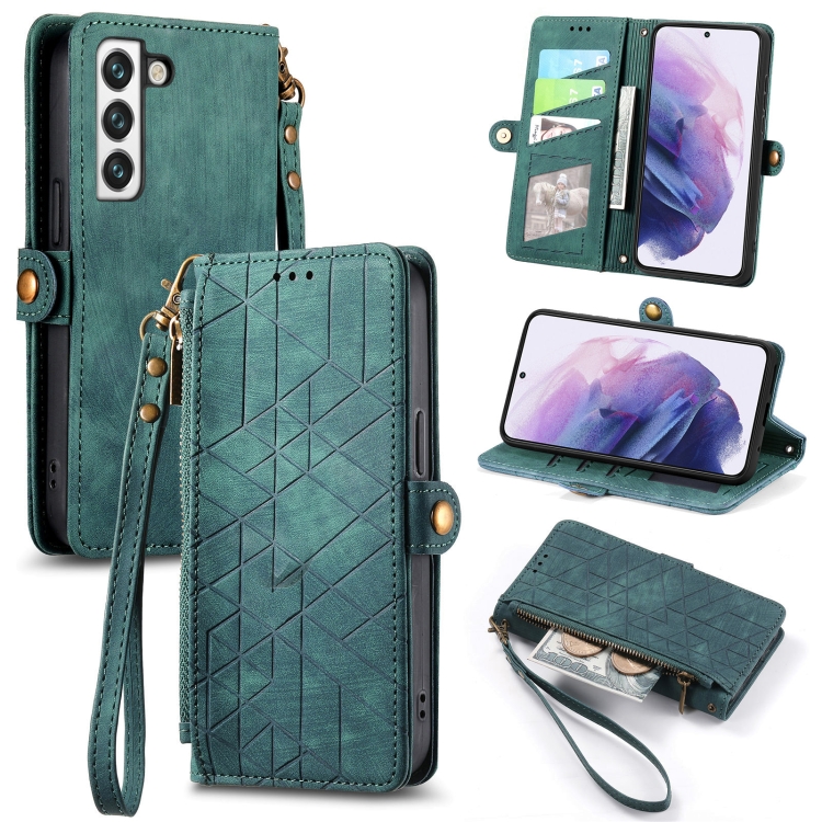

For Samsung Galaxy Note20 Geometric Zipper Wallet Side Buckle Leather Phone Case(Green)