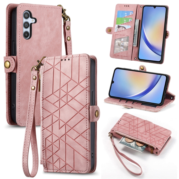 

For Samsung Galaxy A11 Geometric Zipper Wallet Side Buckle Leather Phone Case(Pink)