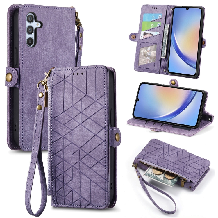 

For Samsung Galaxy A71 Geometric Zipper Wallet Side Buckle Leather Phone Case(Purple)