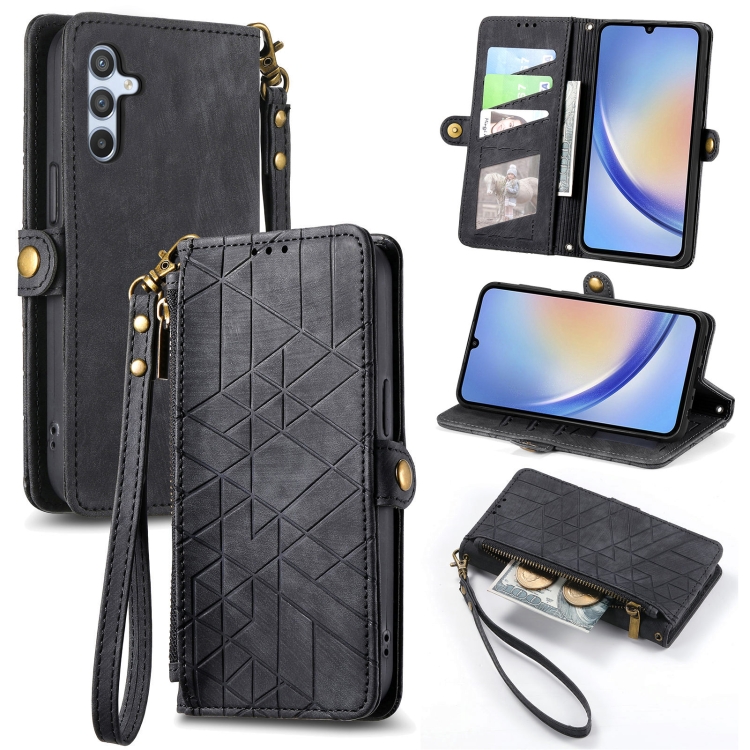 For Samsung Galaxy A34 5G Geometric Zipper Wallet Side Buckle