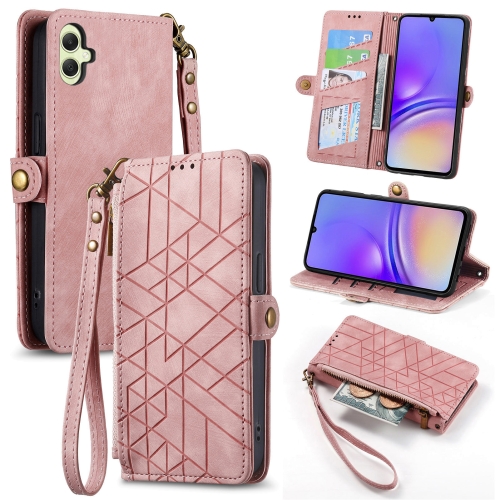 

For Samsung Galaxy A05 Geometric Zipper Wallet Side Buckle Leather Phone Case(Pink)